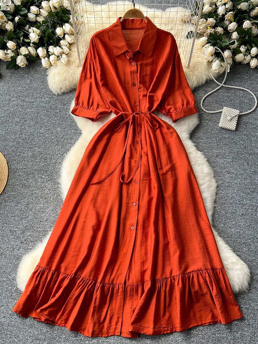Women's Polo Collar Half Sleeves Single-breasted Waist-cinching Ruffles Midi Dress