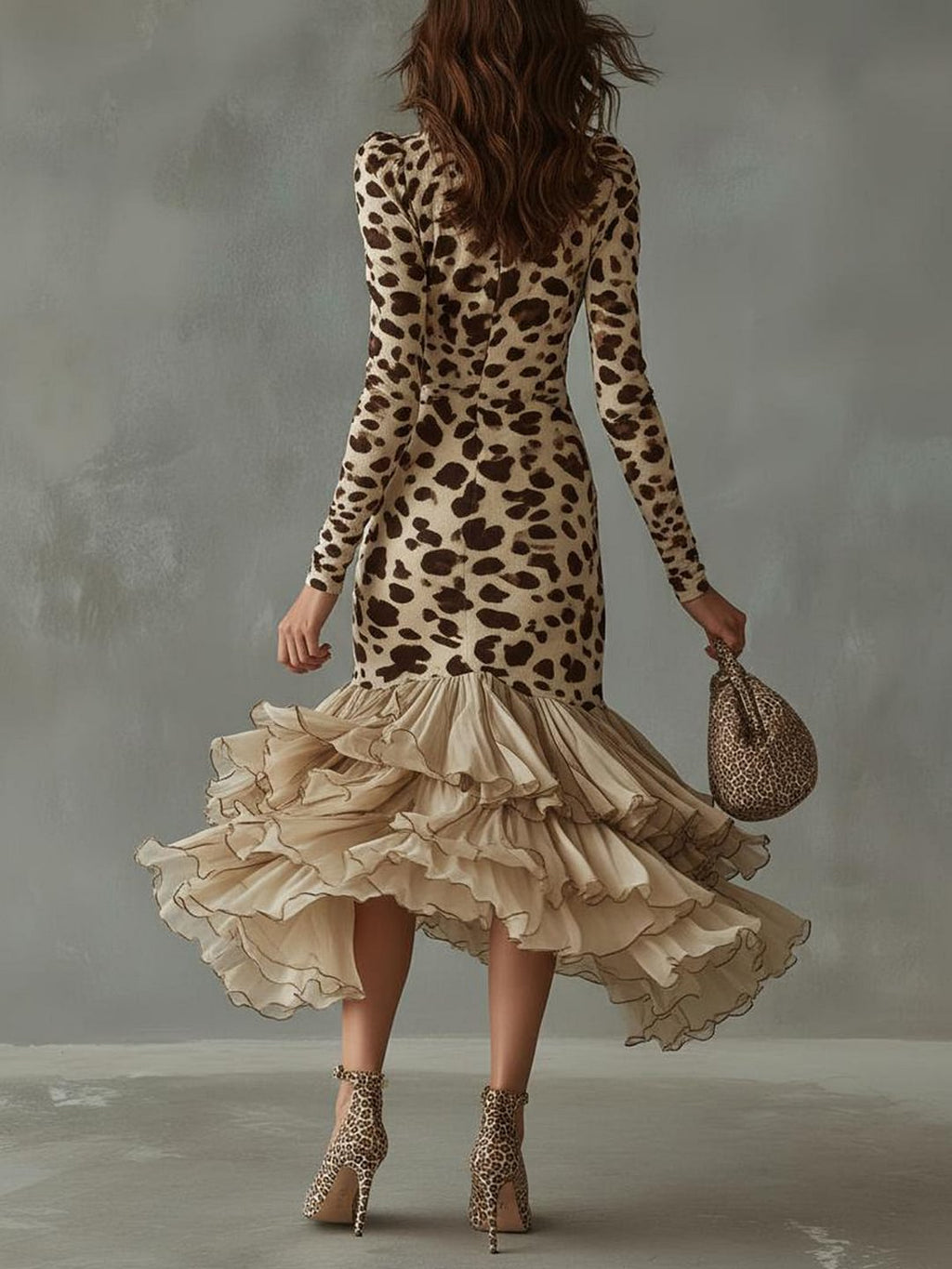 Stylish Leopard-print Paneled Chiffon Ruffle-hem Bodycon Dress