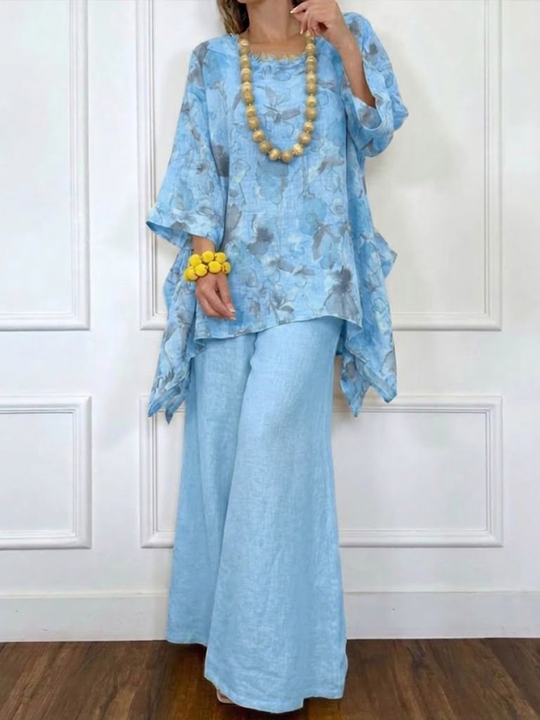 Loose-fit Casual Floral-print Linen & Cotton Top And Pants Two-piece Set