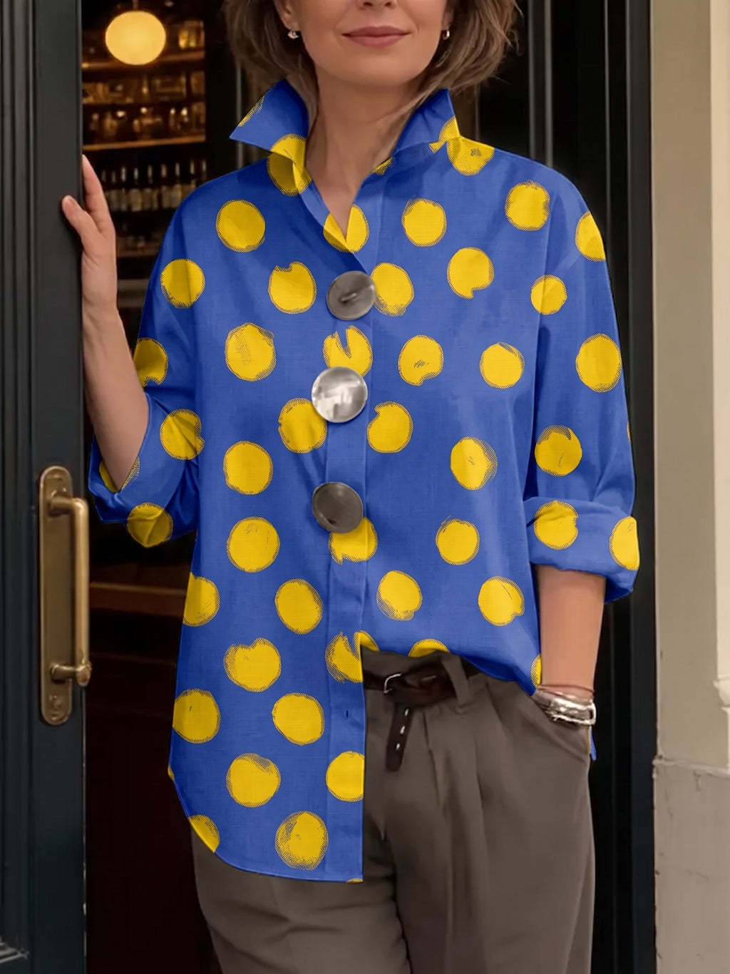 Artistic Brushstroke Polka Dot Print Shirt With Metal Buttons