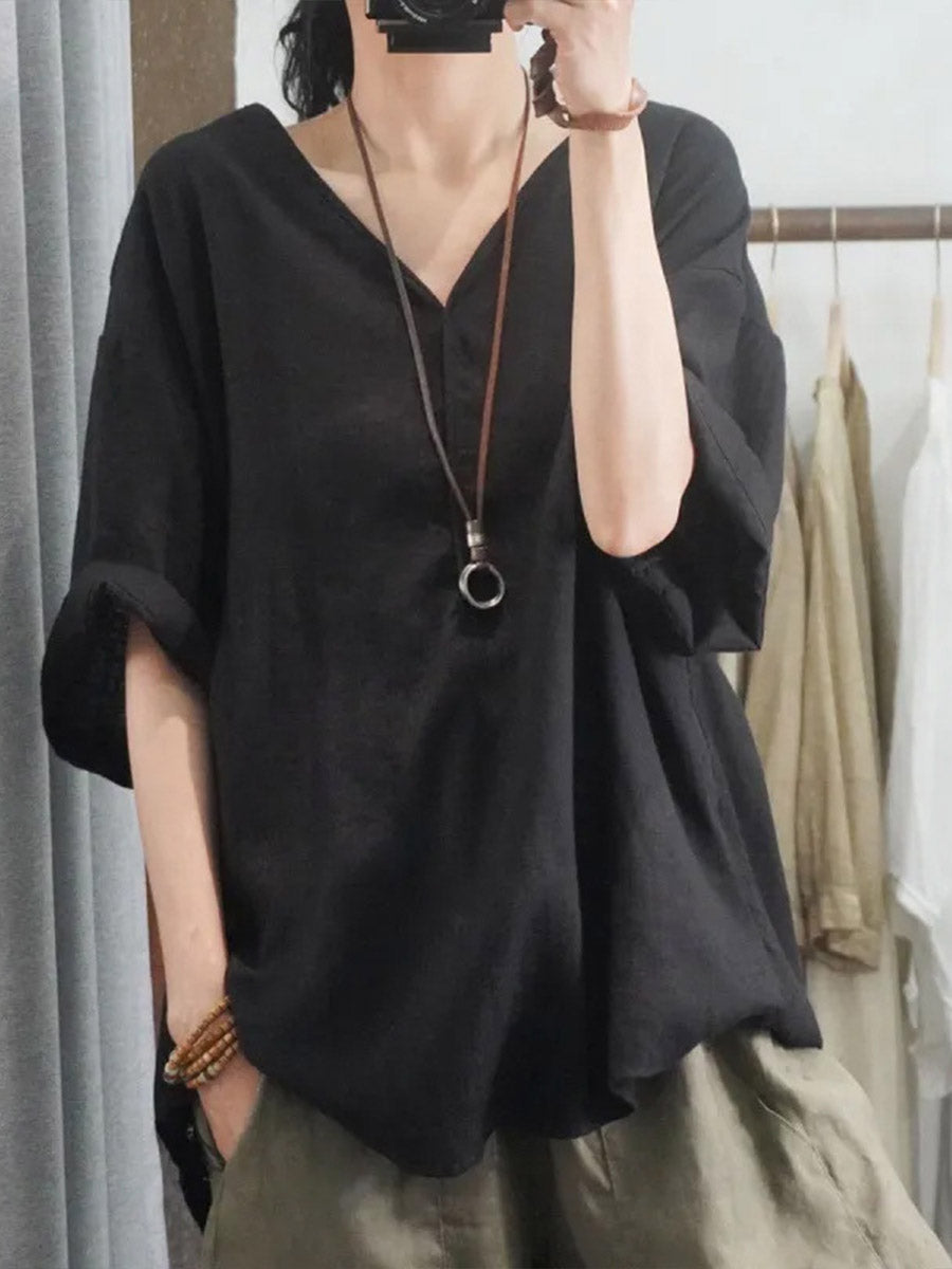 Women's Solid-color V-neck 3/4-sleeve Casual Loose Cotton-linen Top