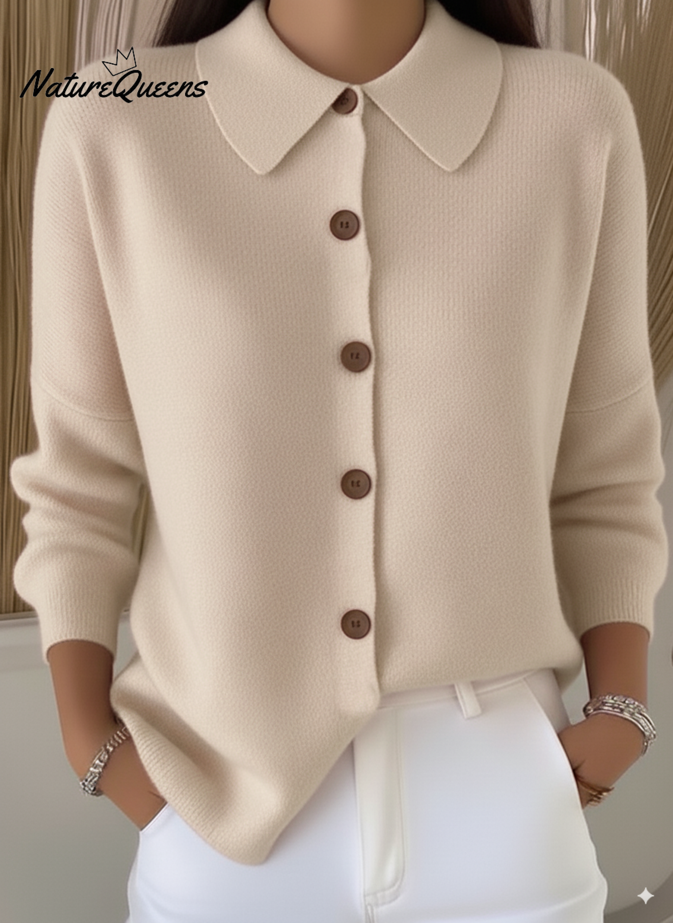 Peter Flip Soft Wool Collar Button-Down Cardigan Sweater Top
