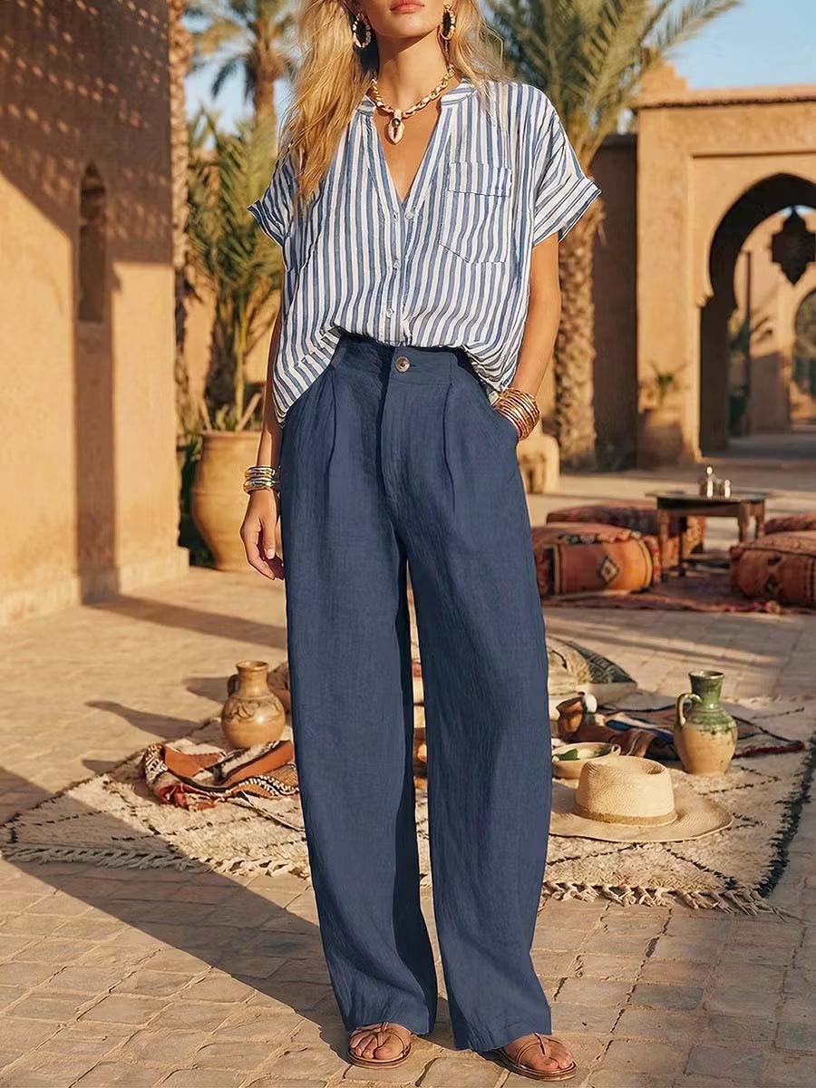 Women's Art Striped Comfortable Casual Top And Pants Cotton Linen Two-piece Set