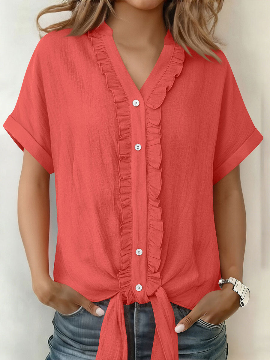 Women's Solid-Color Cotton-Linen Casual Short-Sleeve Button-Down Shirt with Ruffled Trim