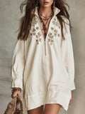 Women's Retro Floral Pattern Art Casual Zip Stylish Cotton Linen Short Dress