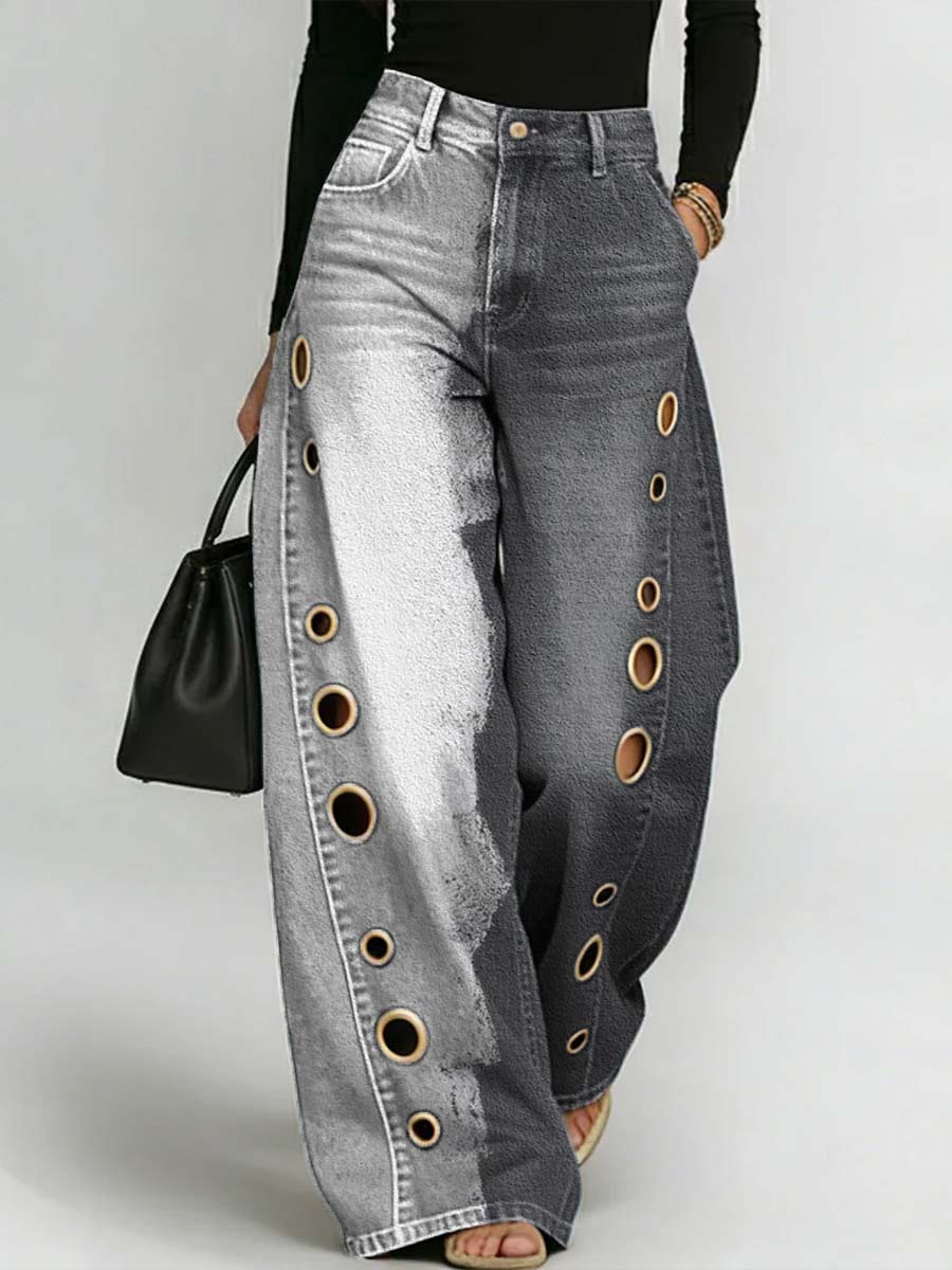 Women's Retro Art Print Casual Stylish Hollow Denim Pants