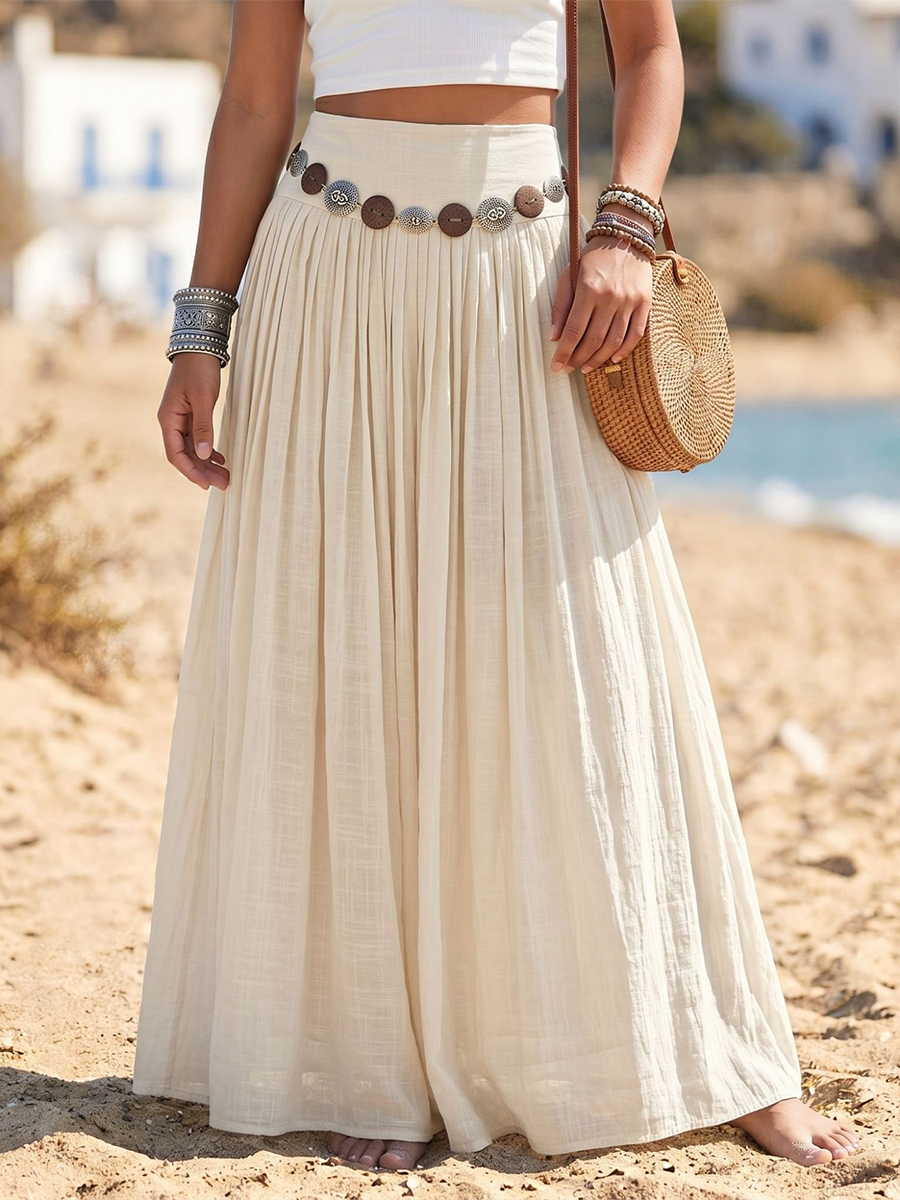 Boho Vacation-style Cotton-linen Maxi Skirt With Belt Detail