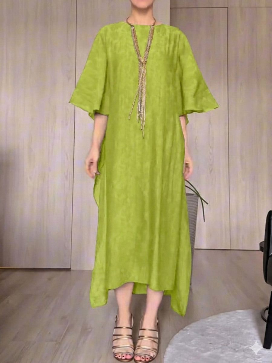 Women's Solid-color Round-neck 3/4-sleeve Casual Loose-fit Dress