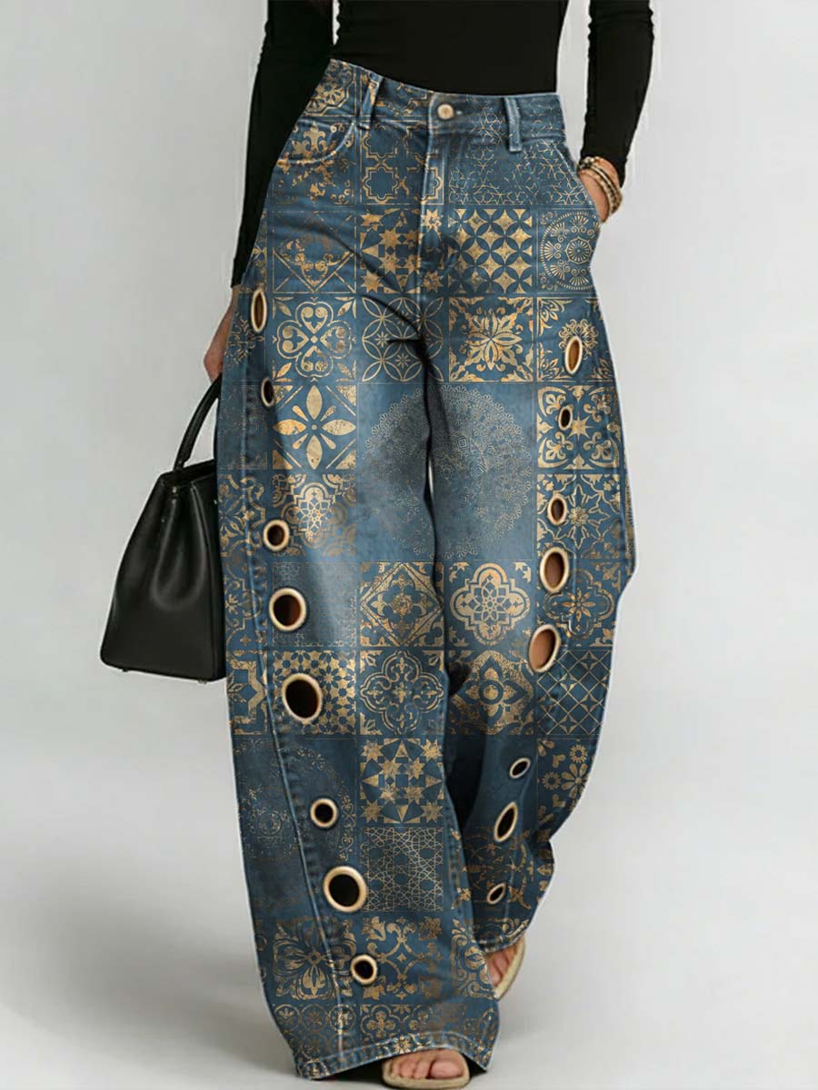 Women's Retro Floral Art Print Casual Stylish Hollow Denim Pants