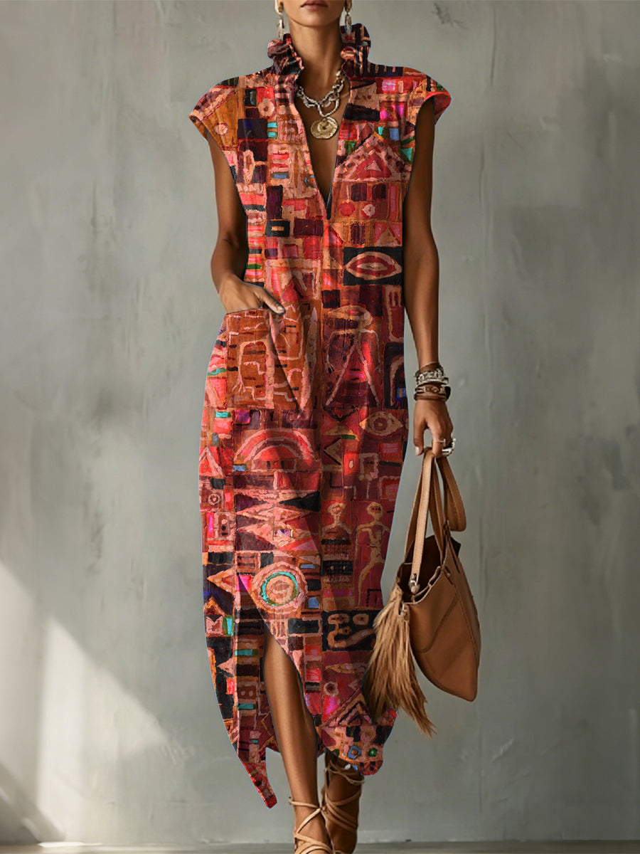 Exotic-style Totem Decorative Patterns Women's No Sleeve Bud Collar Linen Cotton Dress