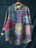 Women's Flower Art Print Casual Cotton And Linen Shirt