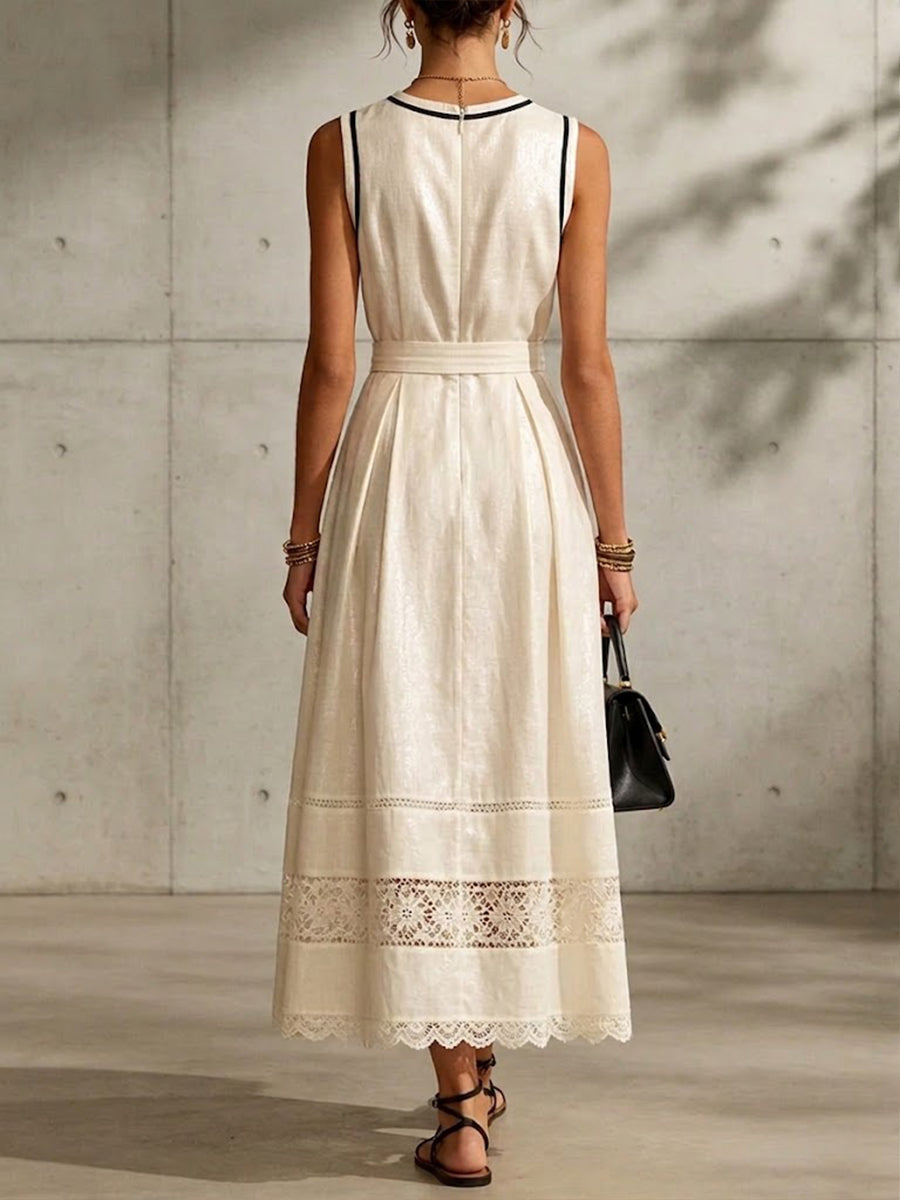 Elegant Sleeveless Linen And Cotton Dress With Lace Splicing
