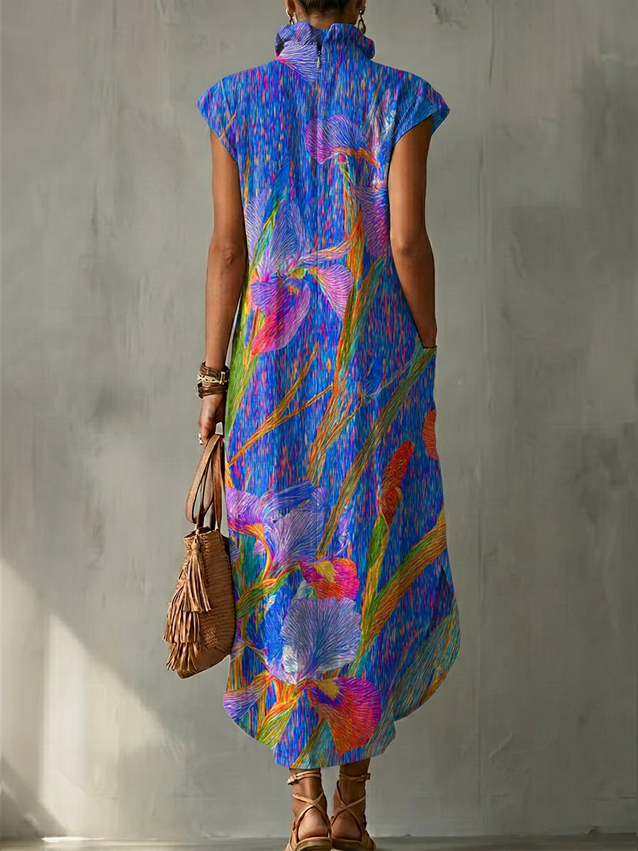 Artistic Floral Decorative Patterns Women's No Sleeve Bud Collar Linen Cotton Dress