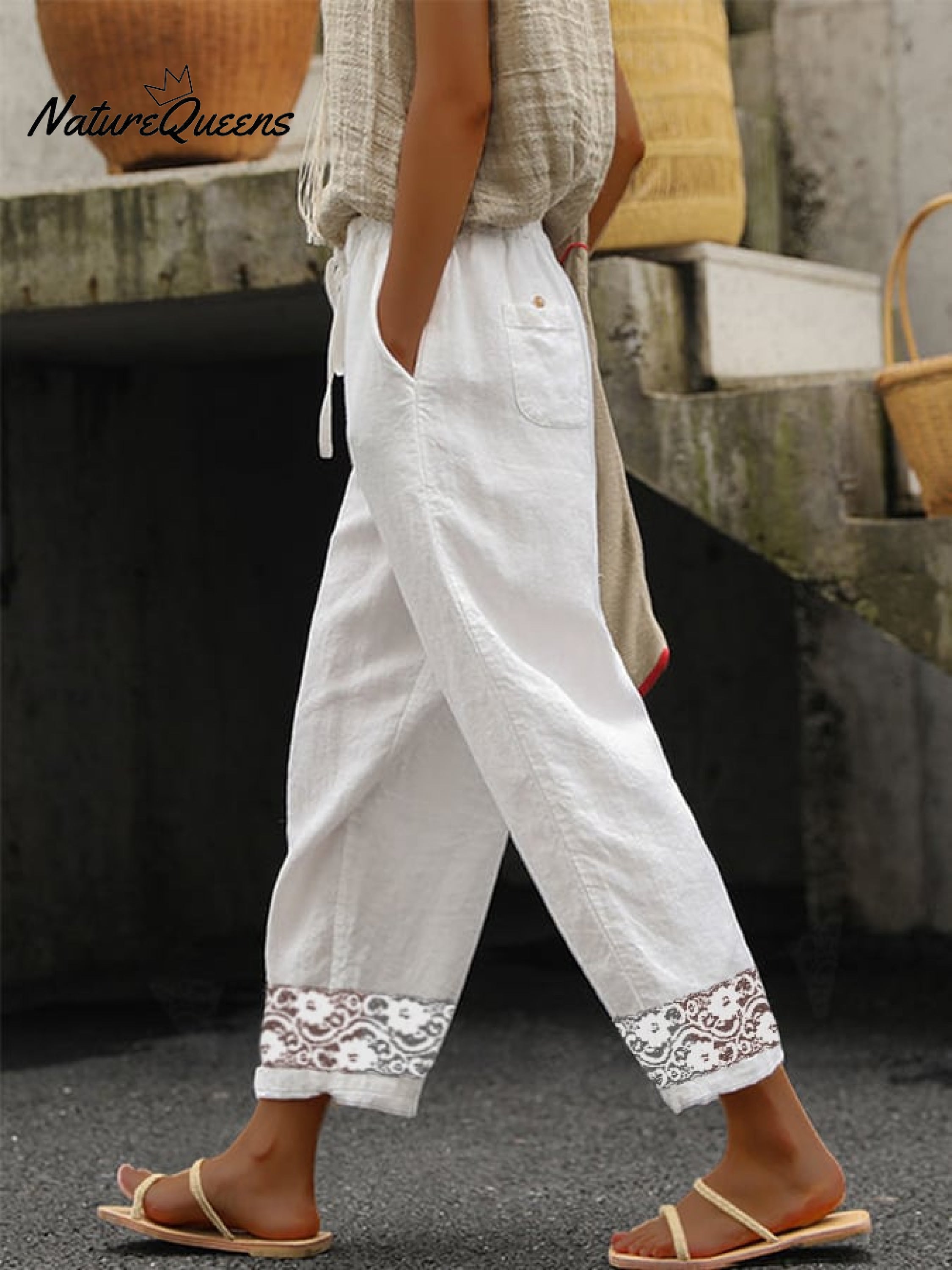 Women's Pure Color Elegant Lace Stitching Casual Cotton Pants