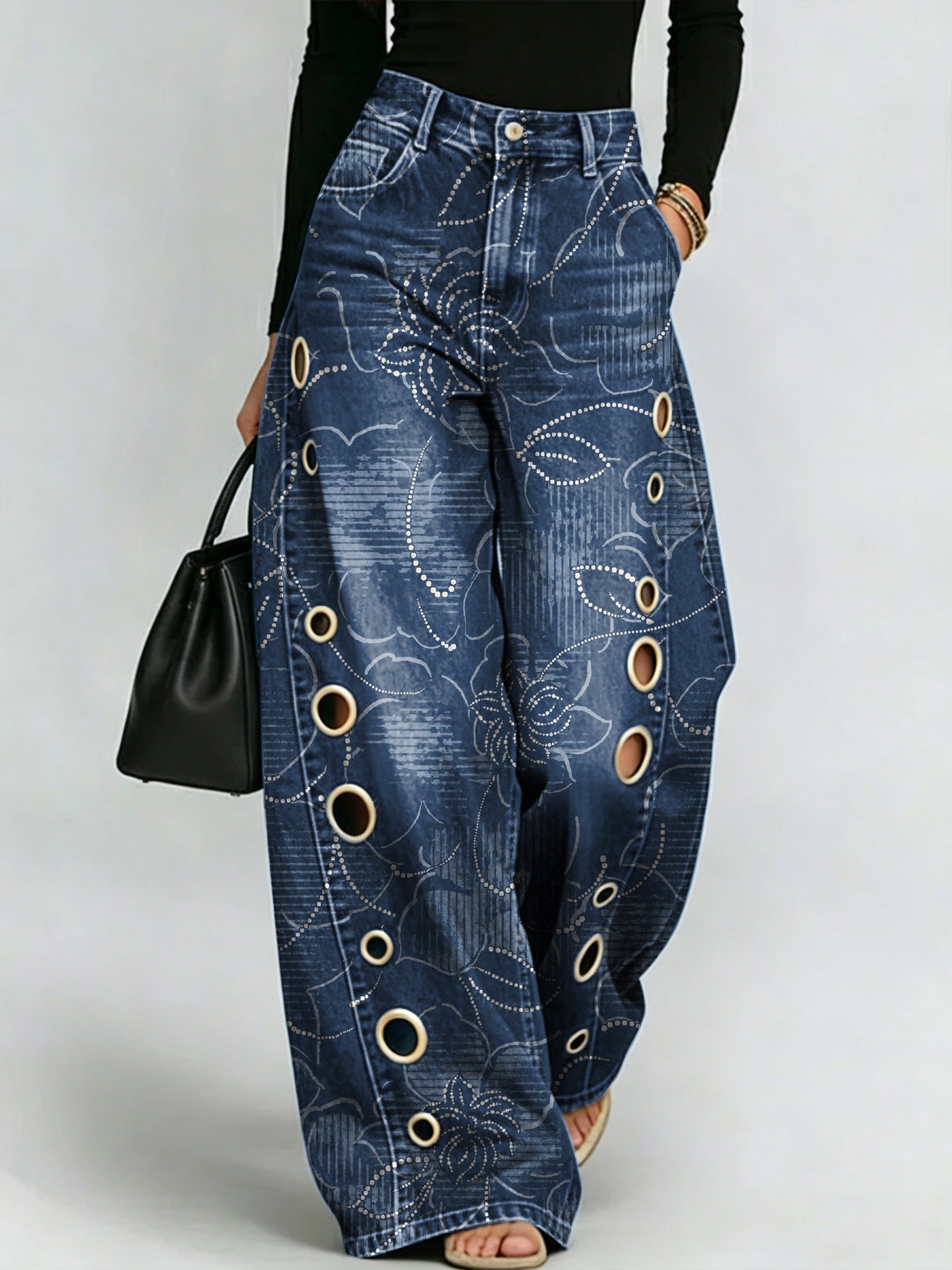 Printed Curved-leg Jeans With Metal Ring Accents