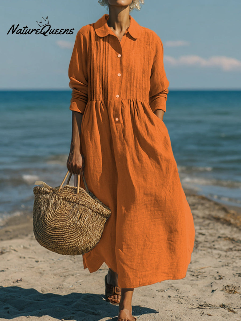 Women's Casual Linen Cotton Pleated Pocket Long Sleeve Dress