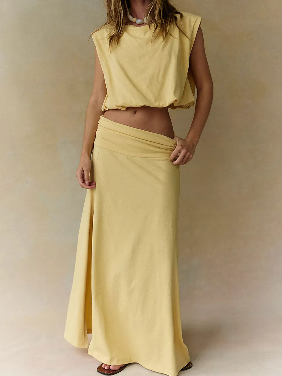 Women's Solid-color Casual Vacation Two-piece Set: Slit Skirt & Sleeveless Shirt