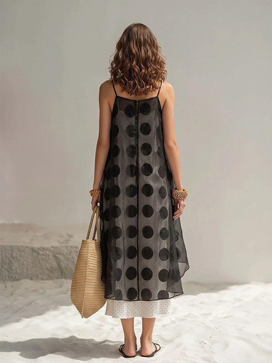 Polka-dot Double-layer Gauze Spaghetti-strap Asymmetrical Maxi Dress