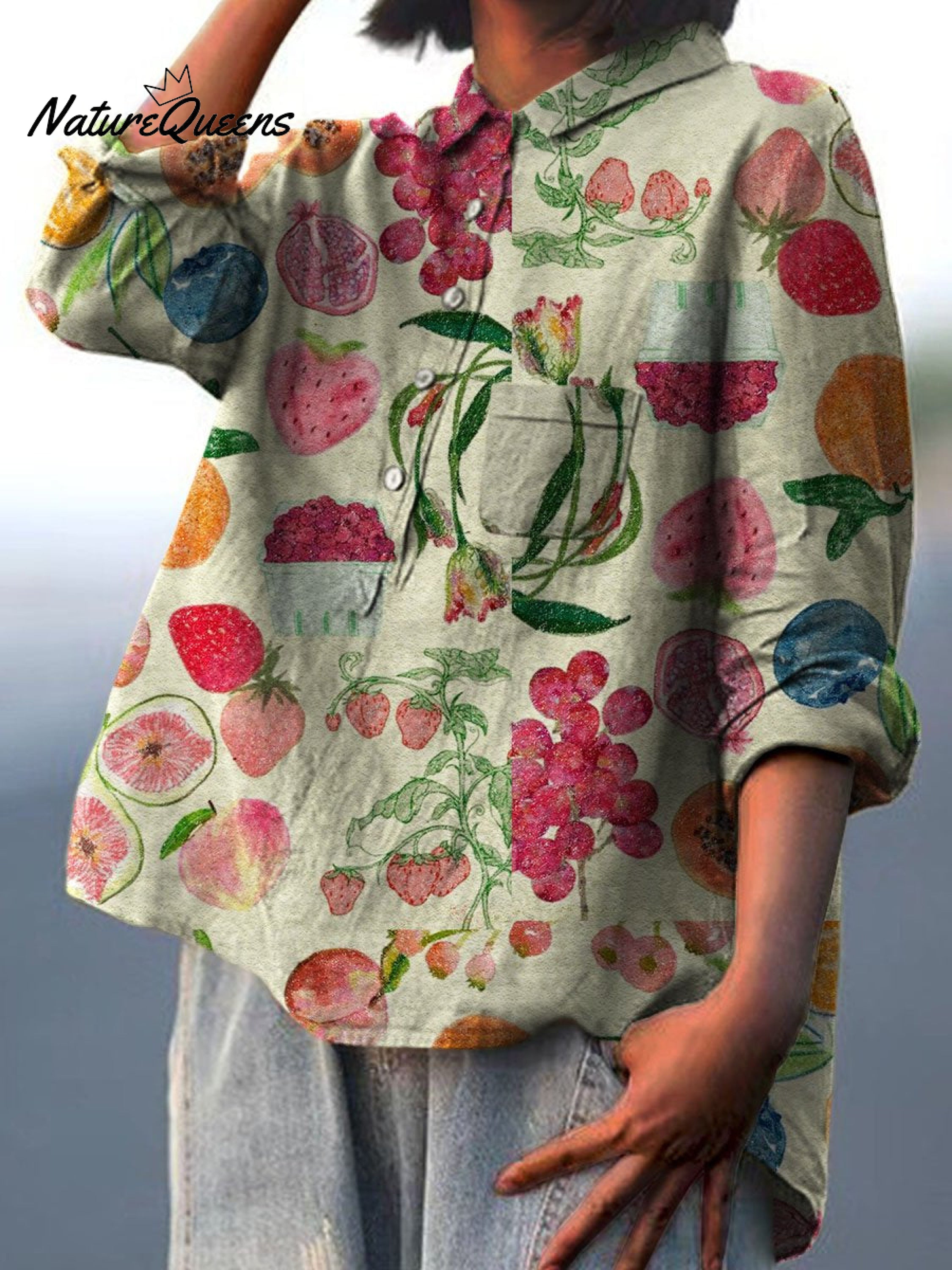 Women's Vintage Fruit Art Print Casual Cotton And Linen Shirt