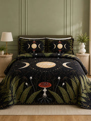 Moonlit Mushroom Forest Quilted 3-Piece Bedding Set – Dark Botanical Quilted Bedding With Matching Pillow Shams