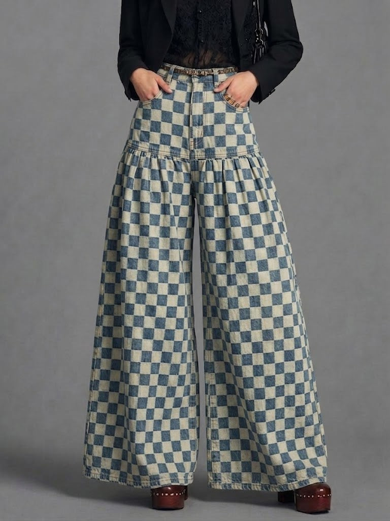 Retro Plaid Print Wide-leg Jeans