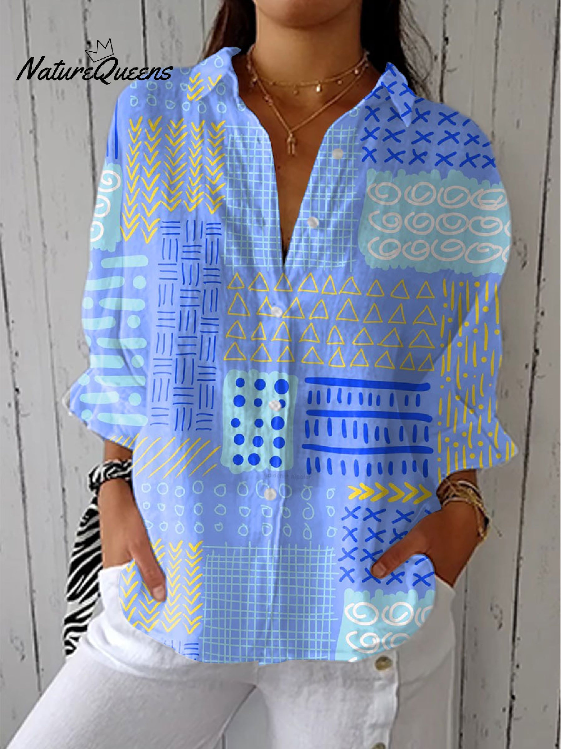 Women'sVintage Abstract Geometry Art Print Casual Linen V-neck Shirt