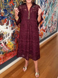 Women's Solid-color V-neck 3/4-sleeve Casual Loose-fit Lace Dress