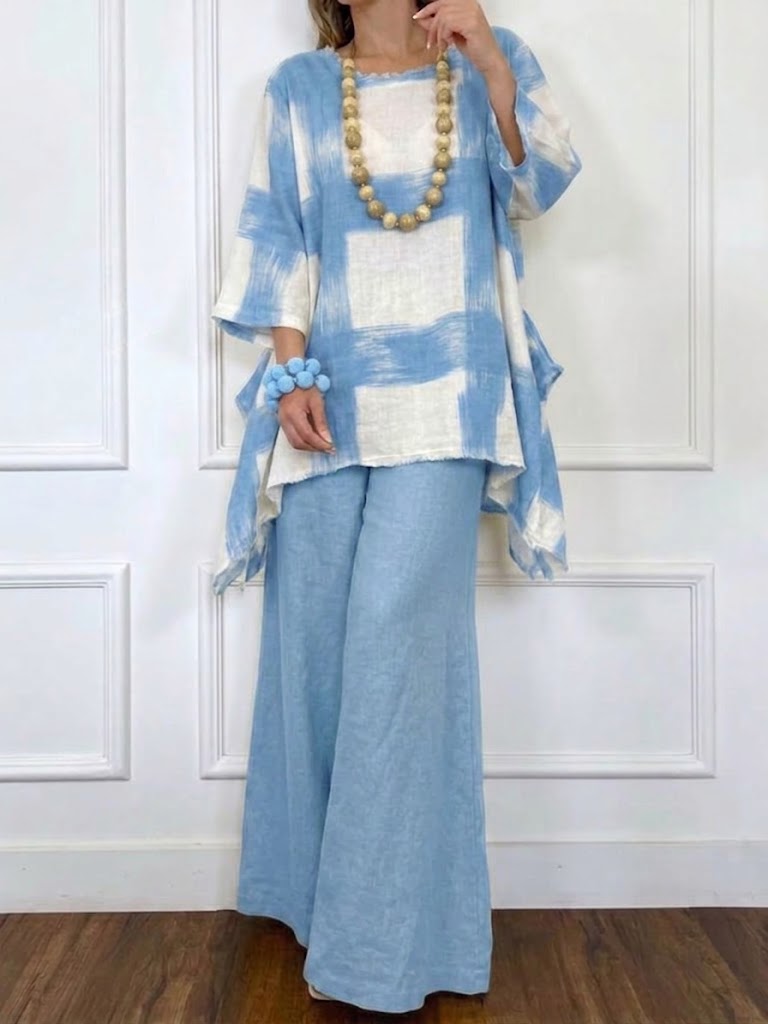 Loose-fit Casual Artistic Brushstroke Plaid Print Linen & Cotton Top And Pants Two-piece Set