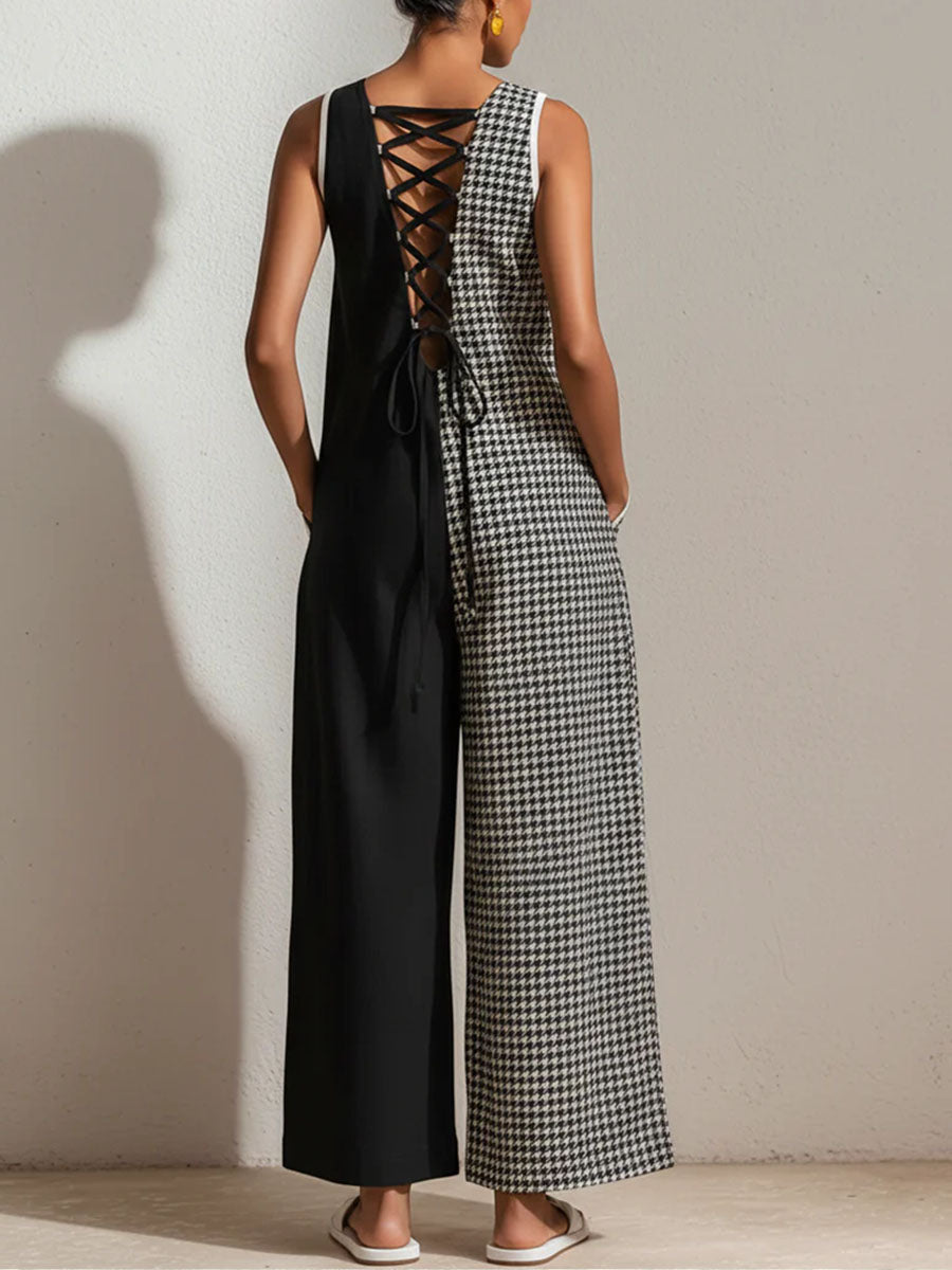Women's Houndstooth Print Jumpsuit — Crew Neck Sleeveless Casual Loose-fit Cotton-linen Blend Wide-leg