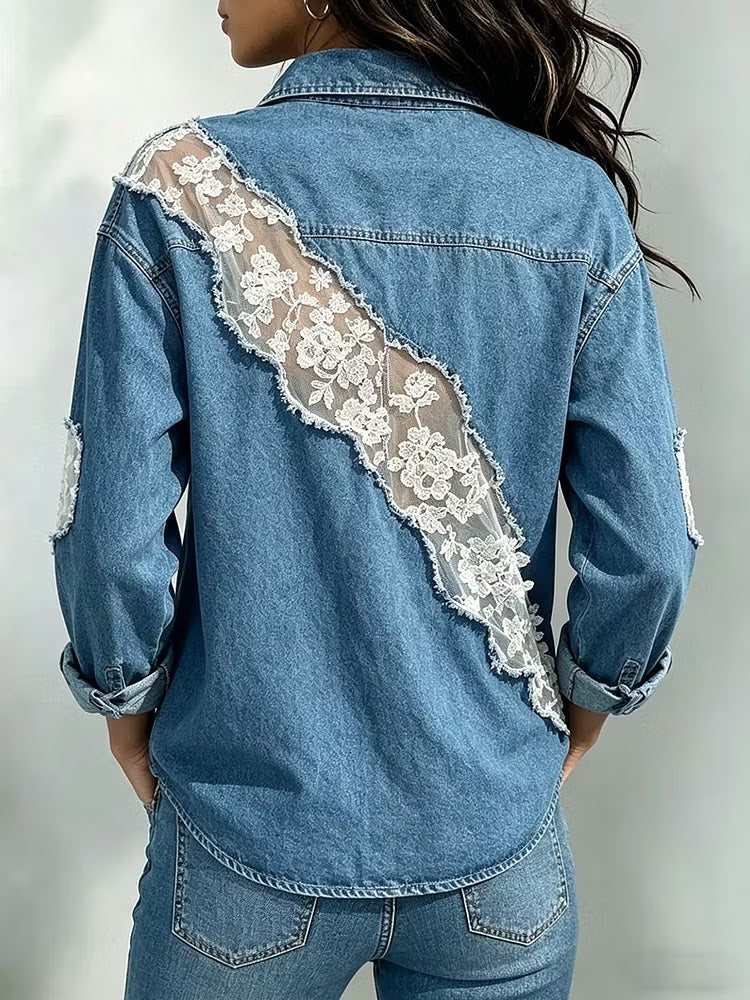 Stylish Casual Spliced lace Denim Shirt