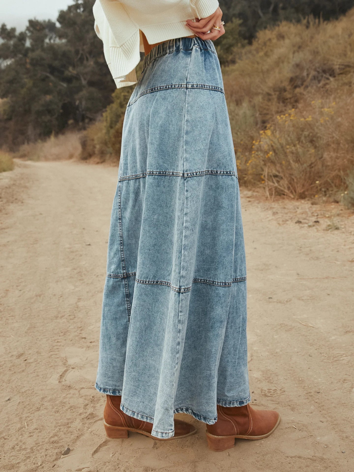 Washed Denim A-line Maxi Skirt With Elastic Waist, Button Placket, And Paneled Design