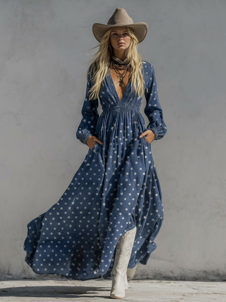 Retro V-neck Fitted Waist Star Denim Maxi Dress