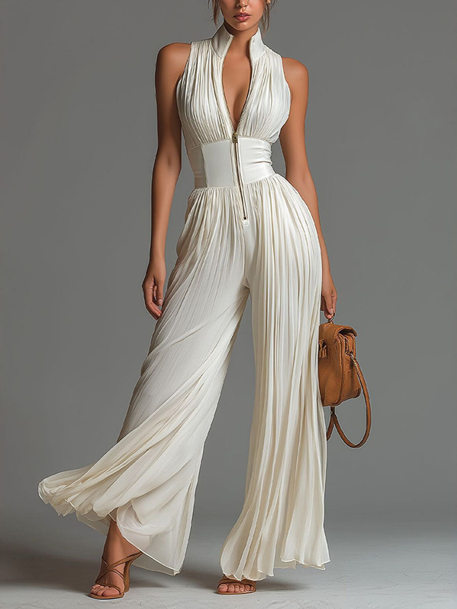 Women's Elegant & Flowy Pleated Halter-neck Long Wide-leg Jumpsuit