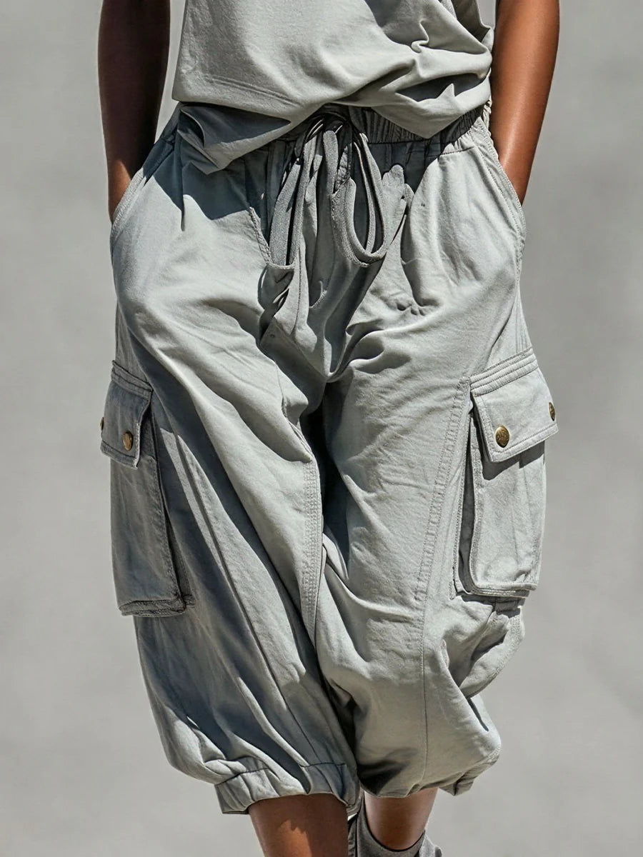 Light Gray Washed Cotton Crew Neck Sleeveless Tank Top & Drawstring Elastic Waist Multi-pocket Cargo Cropped Pants Set