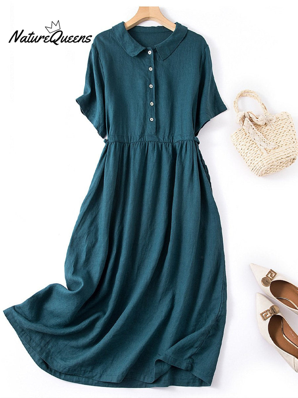 Women's Spring and Summer Short Sleeve Shirt Collar Retro Dress