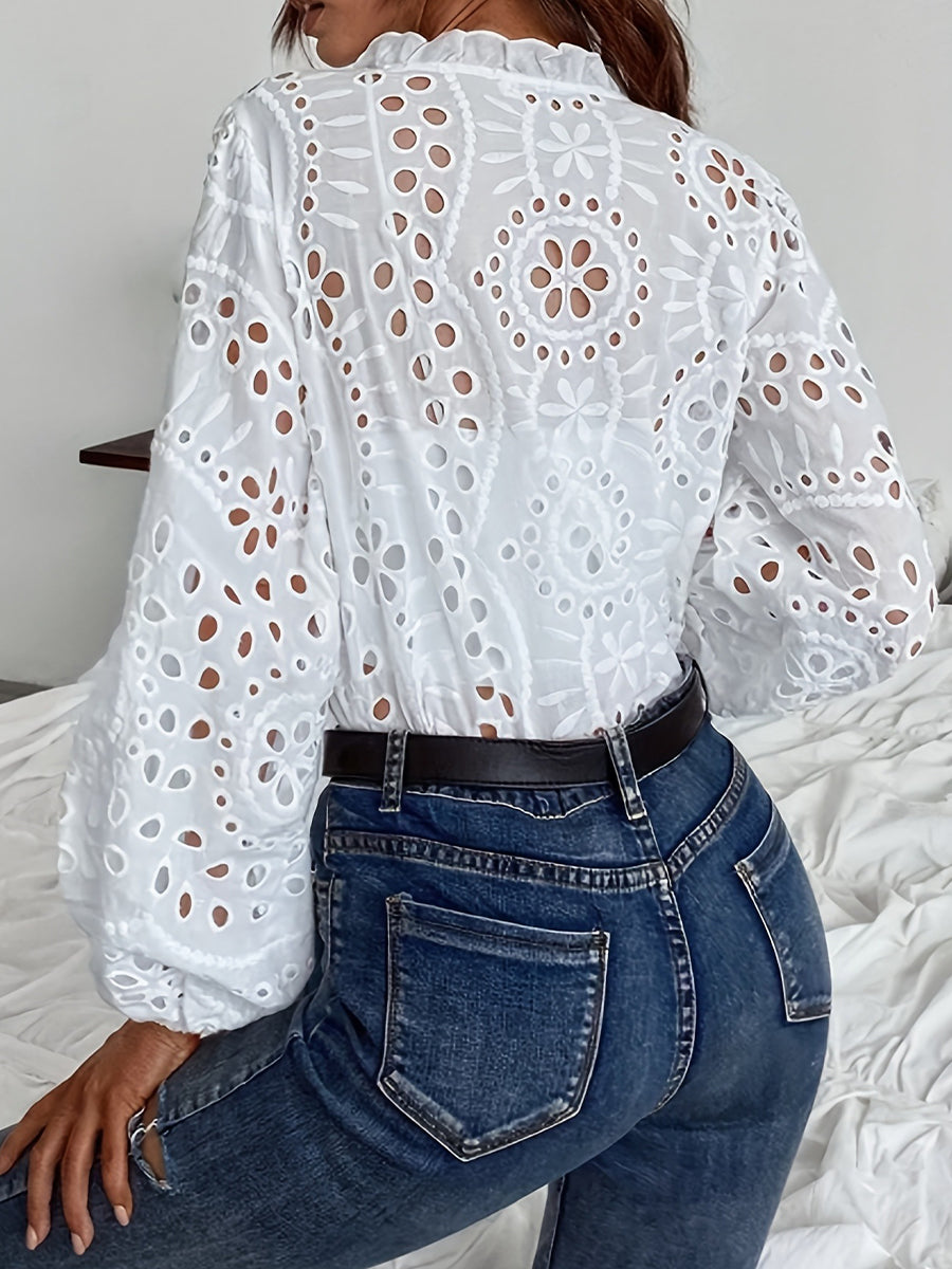 White Cutwork Embroidered Ruffle Collar V-neck Puff Sleeve Blouse