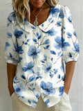 Women's Vintage Floral Art Print Cotton Linen Top