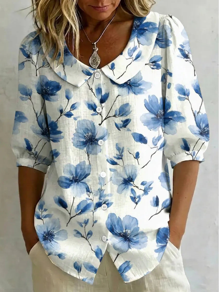 Women's Vintage Floral Art Print Cotton Linen Top