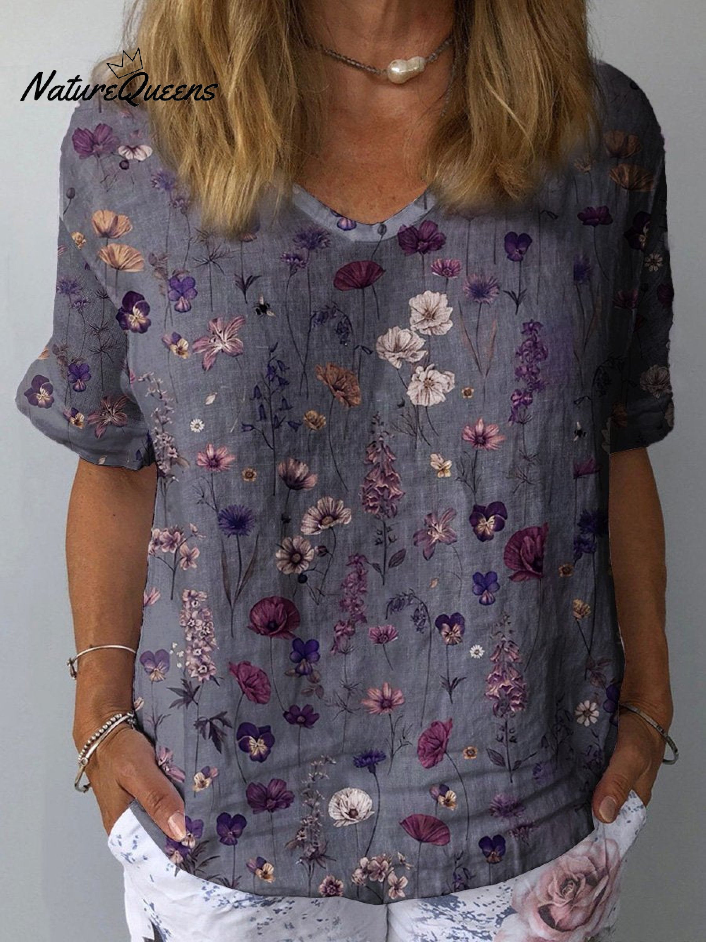 Women's Floral Art Print Casual Cotton And Linen Shirt