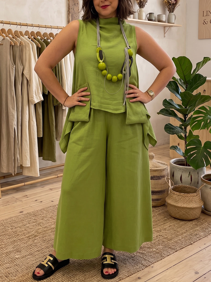 Artistic Cut Shirt & Wide-leg Pants Cotton-linen Two-piece Set