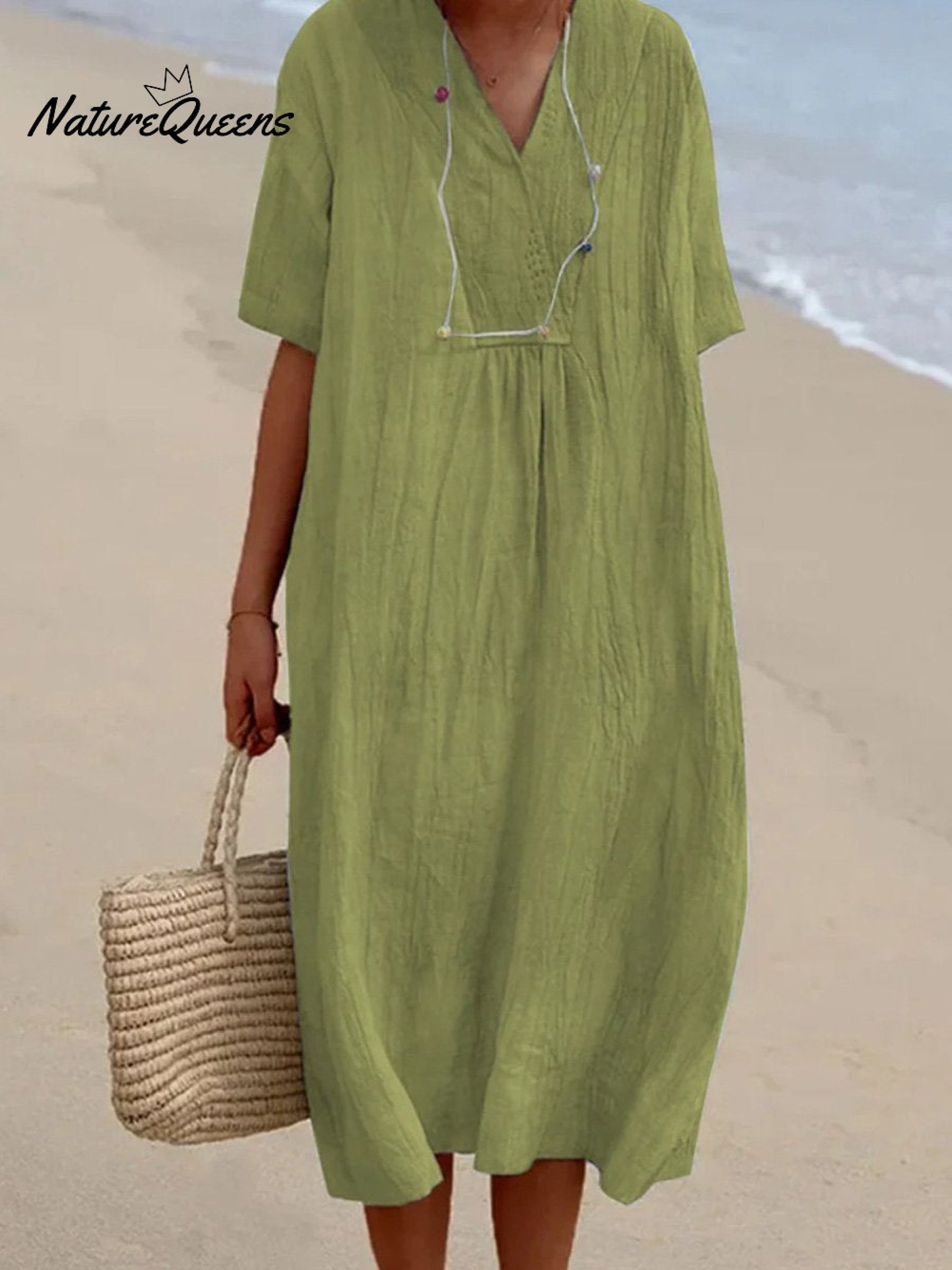 Women's Solid Color Cotton And Linen Short Sleeve Dress