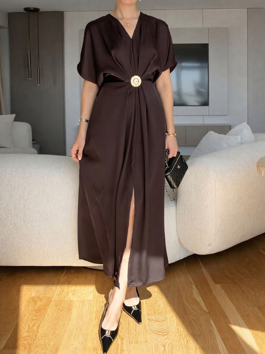 Women's Solid-color V-neck Short-sleeve Loose Casual Dress