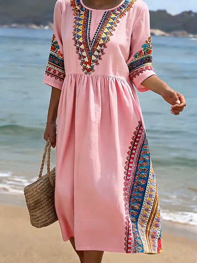 Women's CasualRound Neck Mid Sleeve Print Cotton and Linen Dress