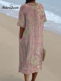 Women's Vintage Floral Art Print Pocket Linen Dress（Convertible Dress With Front And Back Option）
