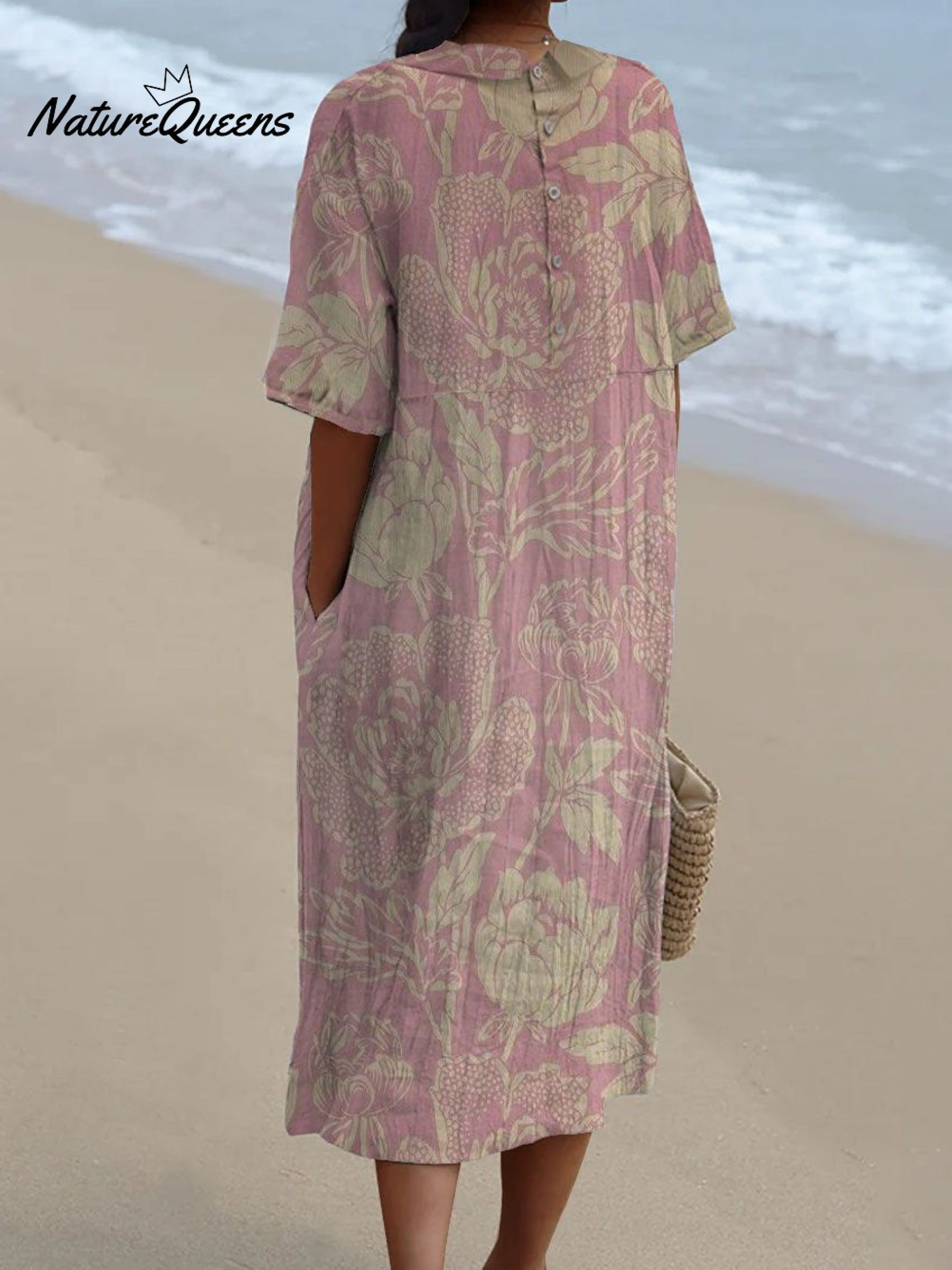 Women's Vintage Floral Art Print Pocket Linen Dress（Convertible Dress With Front And Back Option）