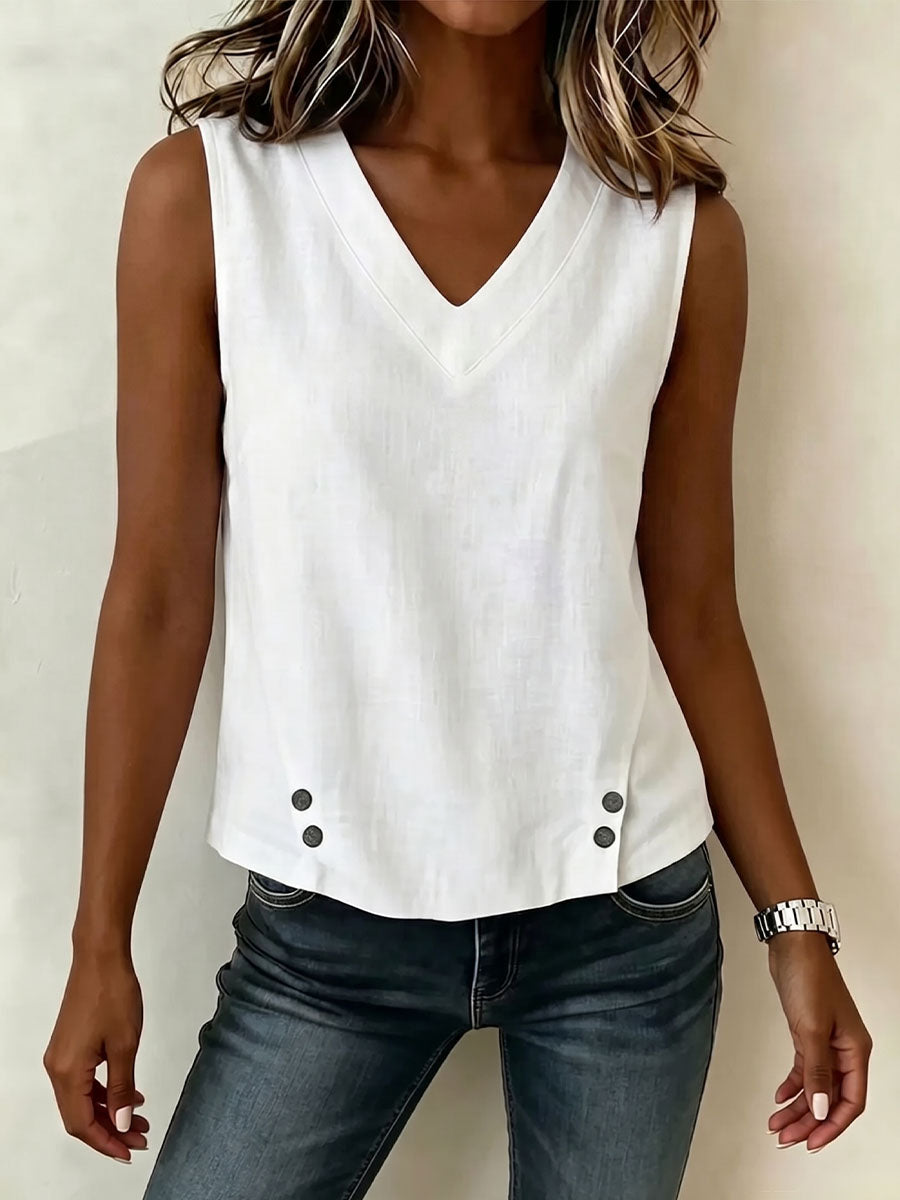 Women's V-neck Sleeveless Cotton-linen Top