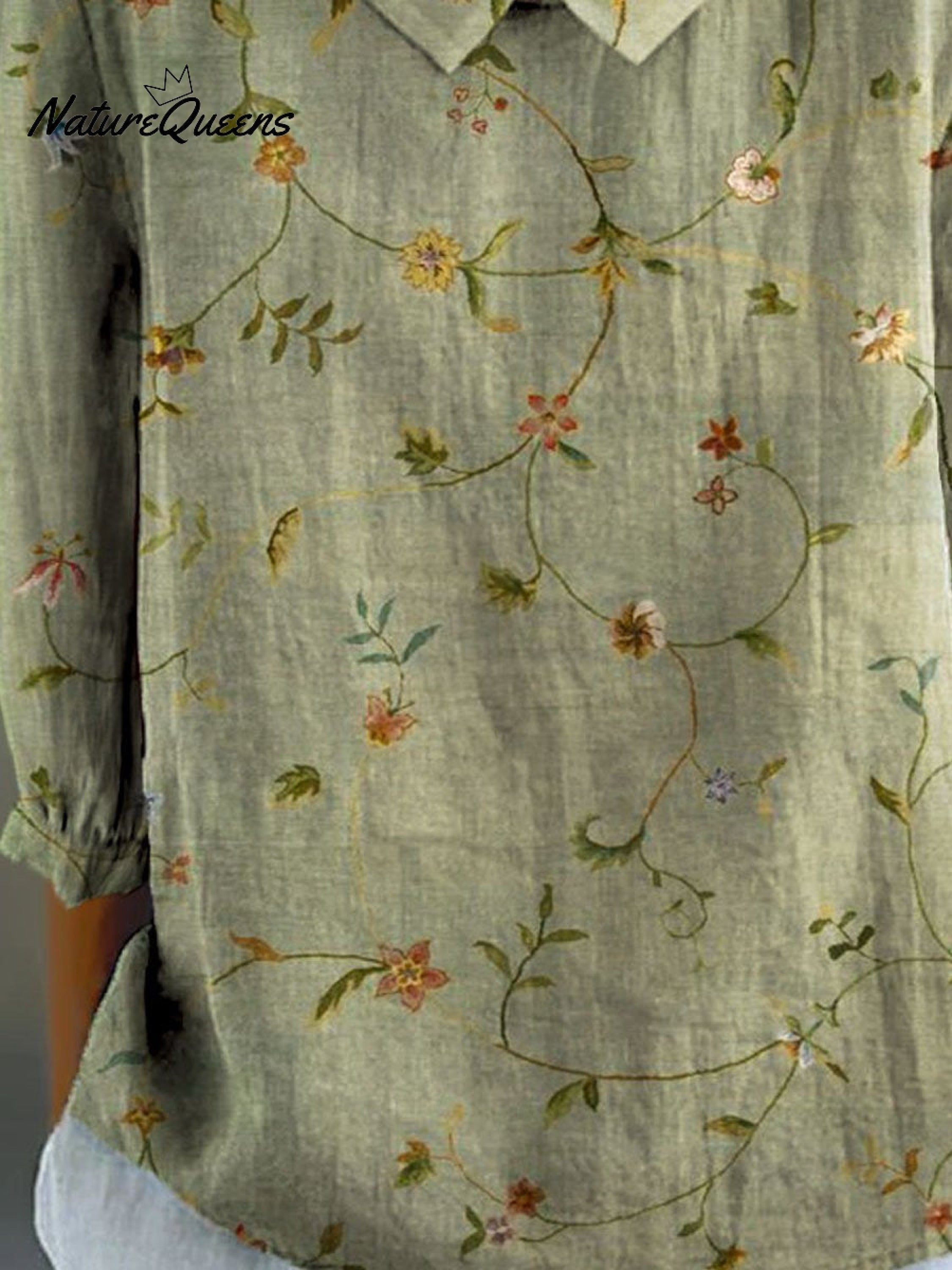 Women's Vintage Floral Art Print Casual Cotton And Linen 3/4 Sleeve Shirt