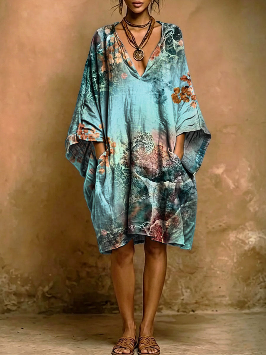 Women's Vintage Floral Print Short-sleeve Cotton-linen Dress