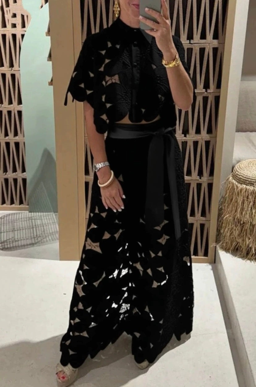 Stylish Casual Two-piece Set: Lace-embroidered Top And Pants