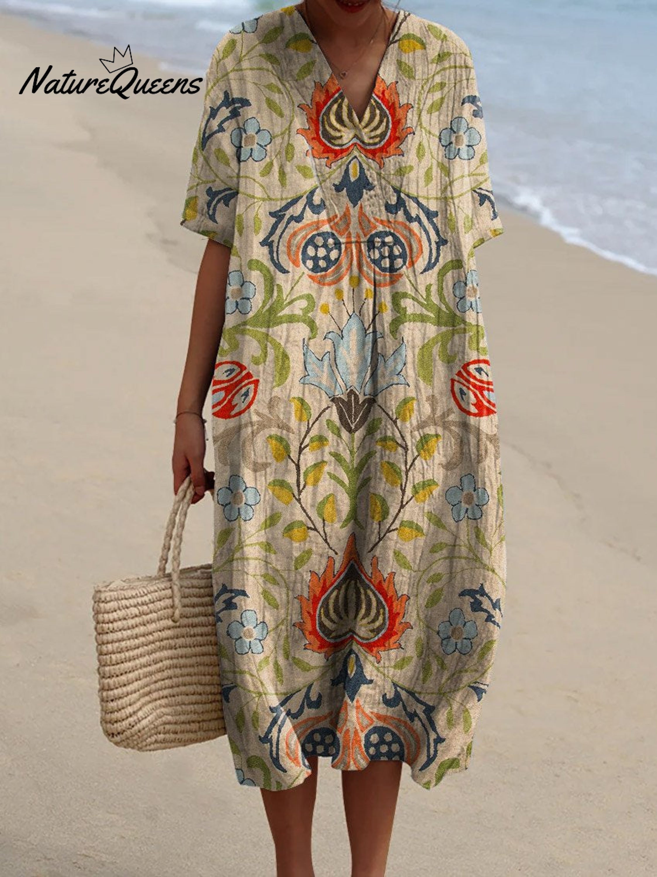 Women's Vintage Ethnic Floral Art Print Flowy Dress